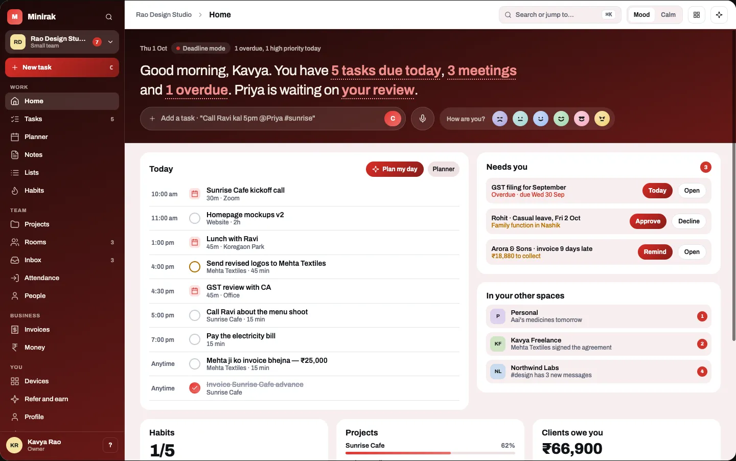 Minirak web app home