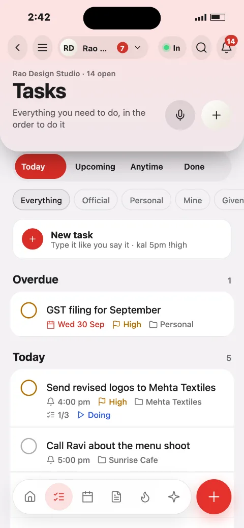 Tasks screen